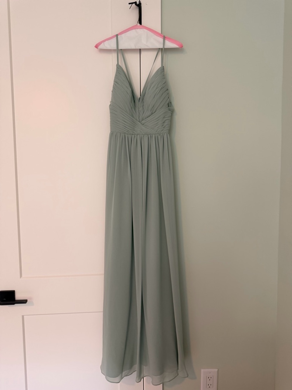 Azazie Agave Sage Green Chiffon Lace Back Maxi Dress Custom Size (4/6 ish)